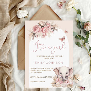 Convites É um Chá de fraldas Rosa Elefante para Garotas