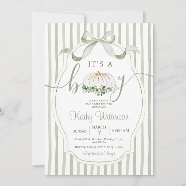 Convites É um Chá de fraldas Verde Dusty Pumpkin (Frente)