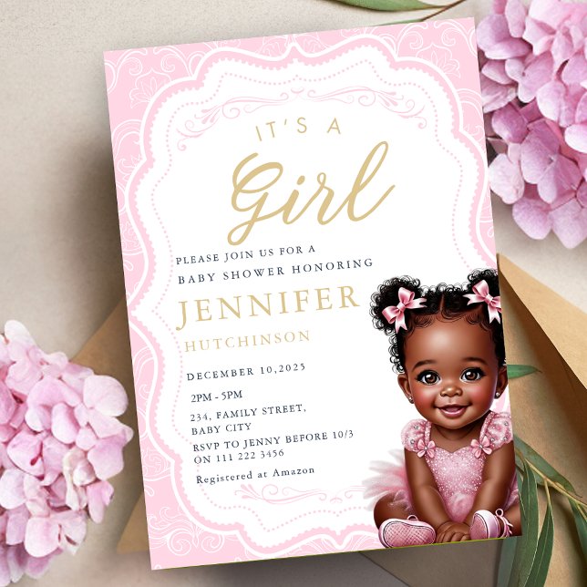 Convites É um Chá de Menina Americana (It's A Girl African American Baby Girl Shower Invitation)