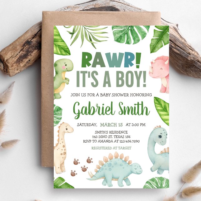 Convites É um Chuveiro de Bebê Dinossauro Menino  (Dinosaur Baby Shower Invitation)