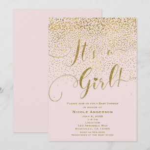 Convites É um Chuveiro de Bebê Menina Rosa e Dourado Confet
