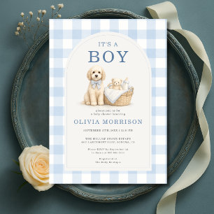 Convites É um Chuveiro de Bebê Xadrez Cachorrinho Menino