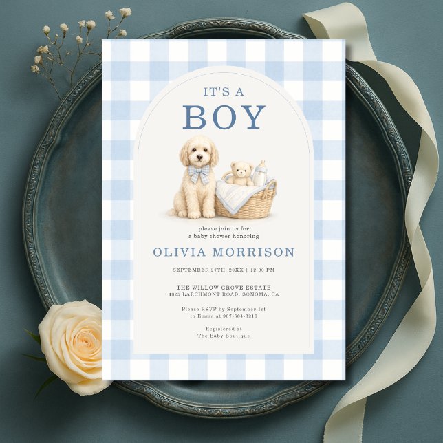 Convites É um Chuveiro de Bebê Xadrez Cachorrinho Menino (Criador carregado)