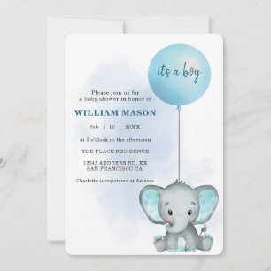 Convites É um Elefante Bebê Menino Balão Azul Chá de Bebê