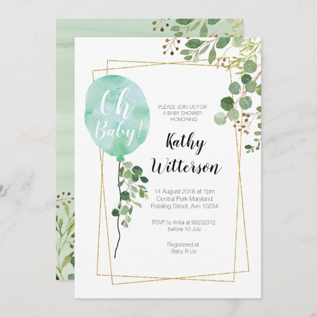 Convites É um garoto Ballon Greenery, chá de fraldas (Frente/Verso)