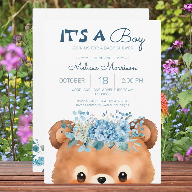 Convites É um garoto Urso Chá de fraldas Azul Floral (It's a boy Bear Floral Blue Baby Shower Invitation)