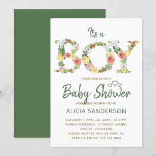 Convites É um MENINO alfabeto floral script chá de bebê