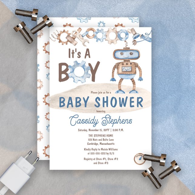 Convites É um menino azul bonito | Chá de fraldas Robô Grei (It's A Boy Cute Blue and Greige Robot Baby Shower Invitation)