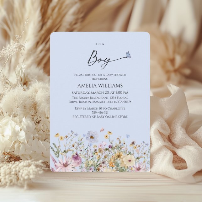Convites É um Menino Azul Suave Floral Chás de Bebê (Criador carregado)