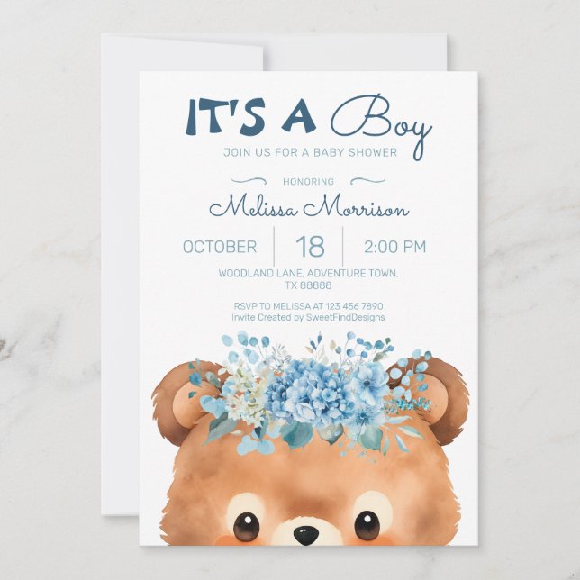 Convites É um menino Bear Blue Chá de fraldas (Frente)