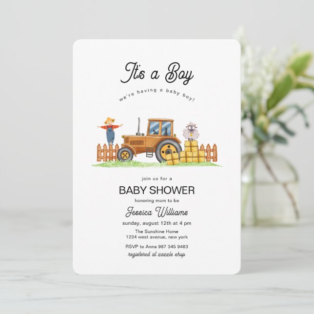 Convites É um menino Chassi Trator Baby Shower  (Em pé/Frente)