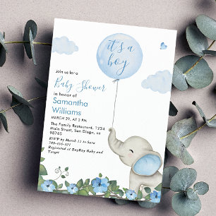 Convites É um Menino Chuveiro de Bebê Balão Azul Elefante
