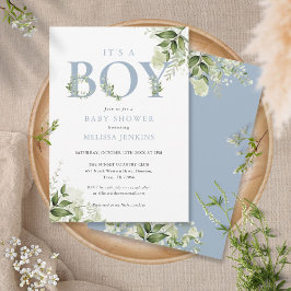 Convites É um menino Dusty Blue Greenery Carta Chás de Bebê