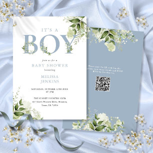 Convites É um menino Dusty Blue Greenery Código QR Chá de B