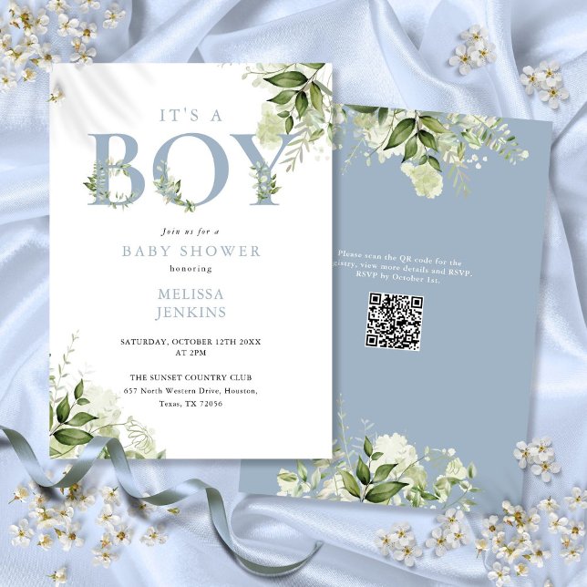 Convites É um menino Dusty Blue Greenery Código QR Chá de B (Its A Boy Dusty Blue Greenery QR Code Baby Shower Invitation)