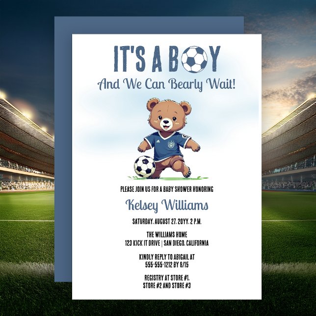 Convites É um menino, mal posso esperar, jogador de futebol (Cute Blue "It's A Boy and We Can Bearly Wait!" Teddy Bear Soccer Player Boy Baby Shower Invitation)