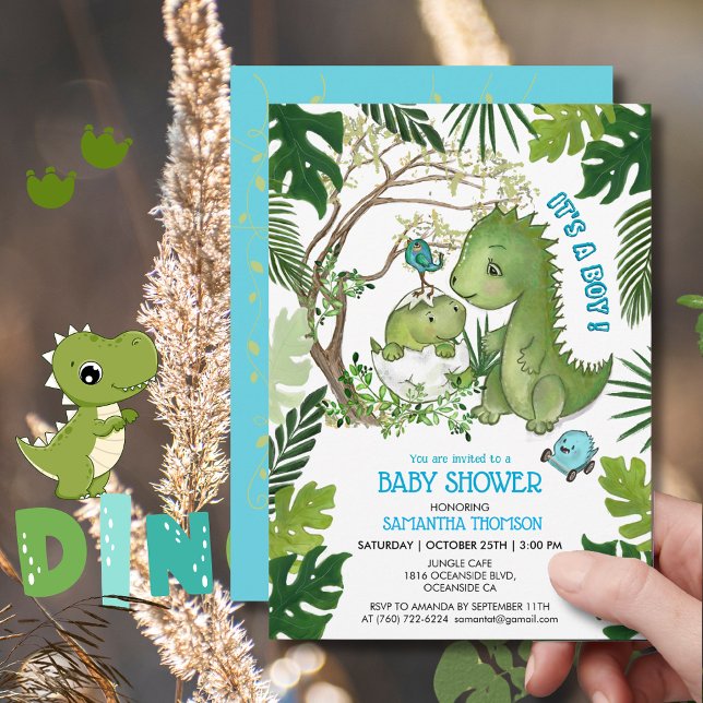 Convites É um menino! Selva Tropical de Dino Chá de fraldas (It's a Boy! Dino Baby Shower Tropical Jungle Invitation)