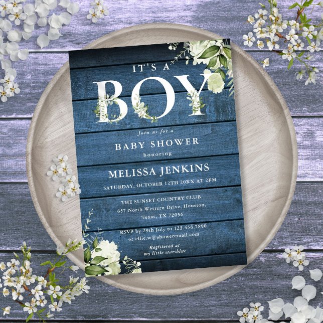 Convites É um Menino Verde Azul Rústico Madeira Churrasco d (Its A Boy Greenery Blue Rustic Wood Baby Shower Invitation)