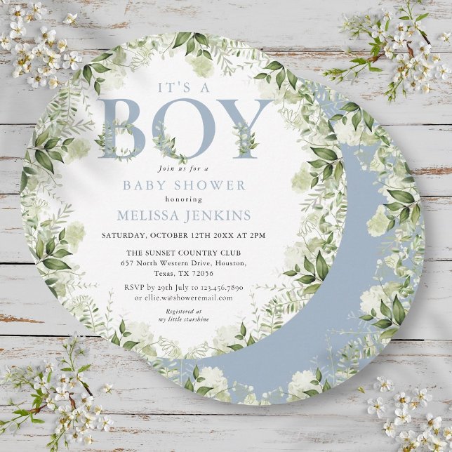 Convites É um menino, verdejante, azul poeirento, carta, ch (Its A Boy Greenery Dusty Blue Letter Baby Shower Invitation)