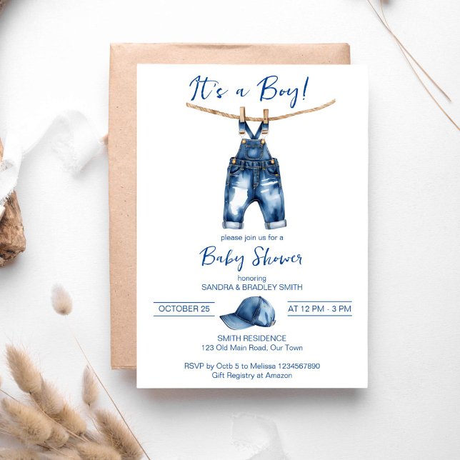 Convites É um modelo de jeans azul de menino (It's a boy blue jeans baby shower template invitation digital download cute jeans overalls and a cap)