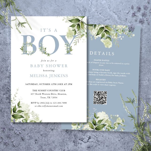 Convites É Um Molho Verde Azul Tudo Em Um Chá de fraldas (Its A Boy Blue Greenery All In One Baby Shower Invitation)