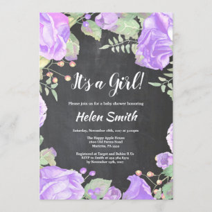 Convites É um quadro de Chá de fraldas de Floral Roxo para 