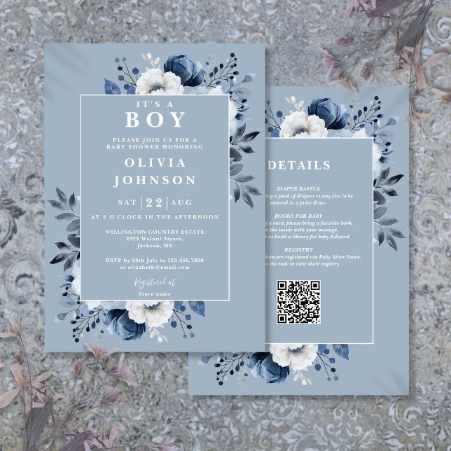 Convites É Um Rapaz Azul Fleal Tudo Em Um Chá de fraldas (Its A Boy Dusty Blue Floral All In One Baby Shower Invitation)