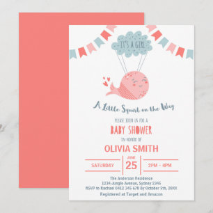 Convites É uma baleia rosa fofa de menina voando na nuvem I