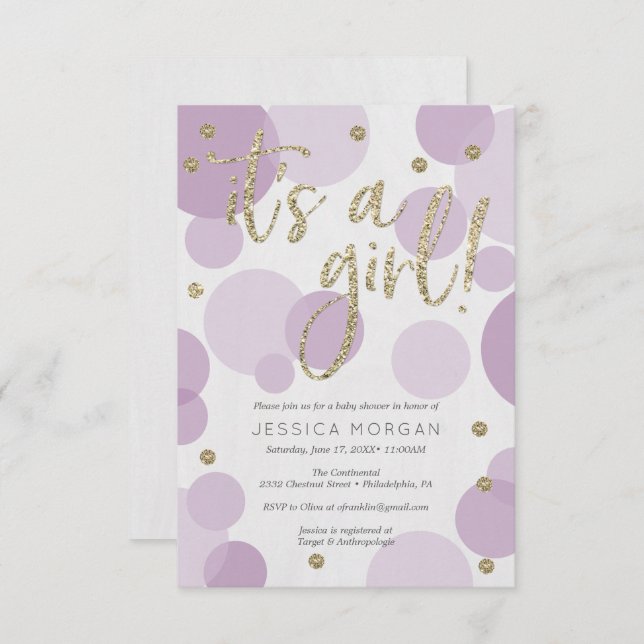 Convites É uma Chá de fraldas Roxa que convida Bolinhas (Frente/Verso)