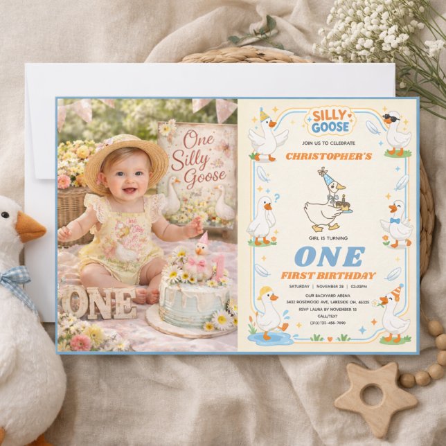 Convites É UMA Diversão Silly Goose Retro Moderno de 1º Ani (It’s ONE Silly Goose Retro 1st Birthday Fun Modern Invitation
)