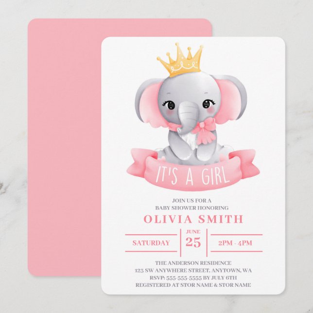 Convites É uma Elefante Fofa Menina Aquarela Chá de Bebê  (Frente/Verso)