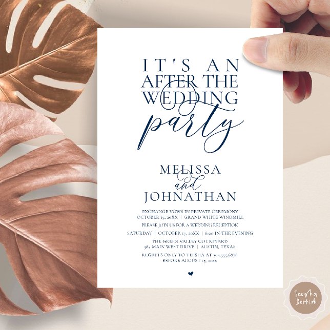 Convites É uma festa após o casamento, recepção moderna (It's an after the wedding party, modern reception invitation Card in Navy Blue)