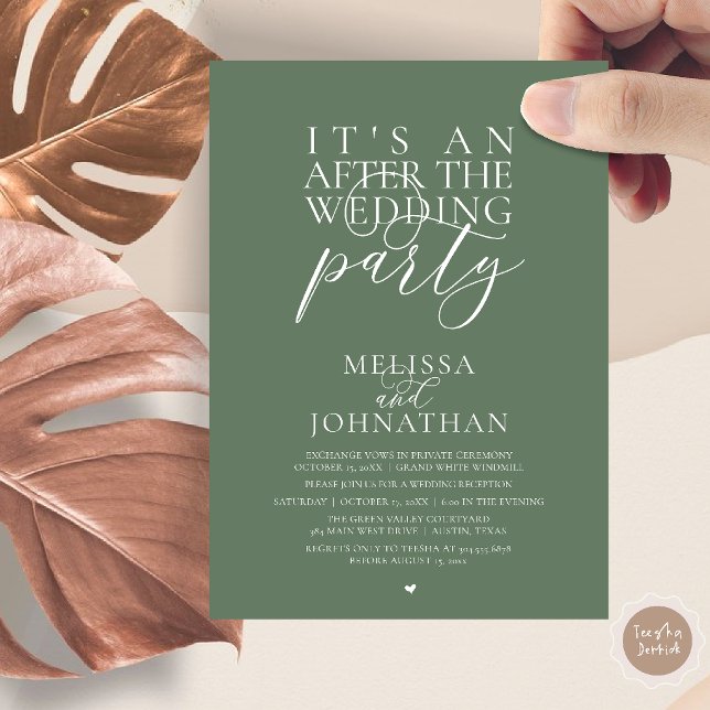 Convites É uma festa após o casamento, recepção moderna (It's an after the wedding party, modern reception invitation Card in Sage Green)