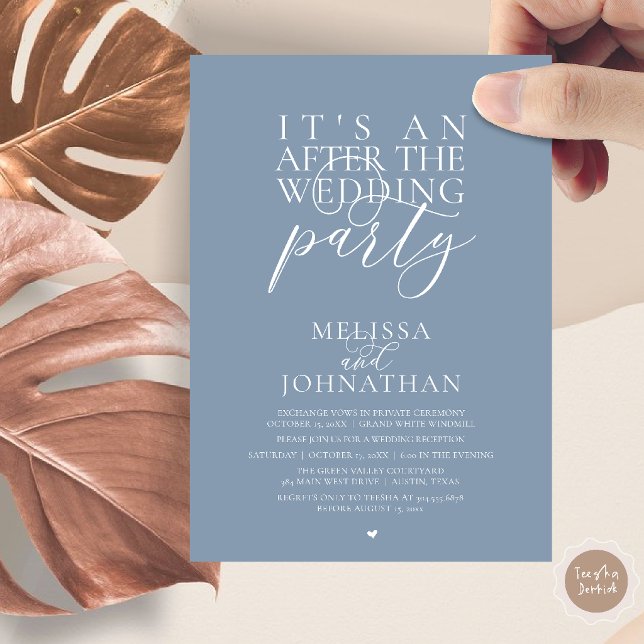 Convites É uma festa após o casamento, recepção moderna (It's an after the wedding party, modern reception invitation Card in Yellow Dusty Blue)