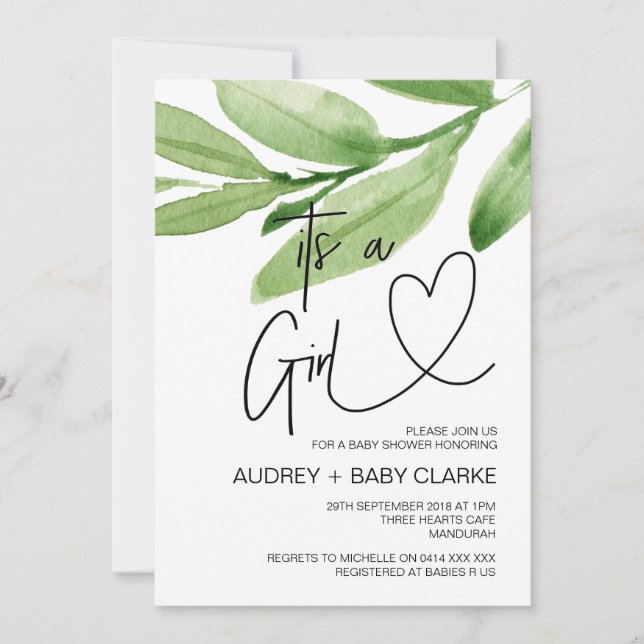 Convites É uma festa de Chá de fraldas de menina Greenery B (Frente)