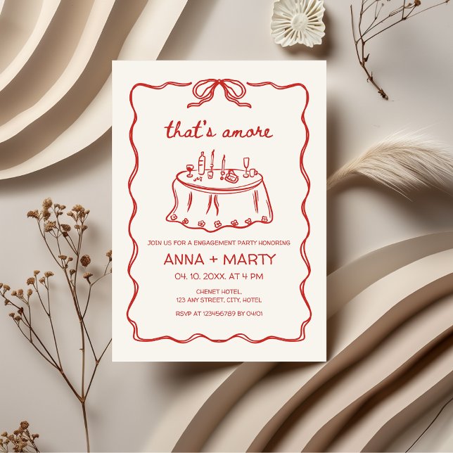 Convites É uma Festa de noivado Vermelha ilustrada pela Mão (That's amore Hand-drawn Hand-illustrated Engagement Party Invitation)