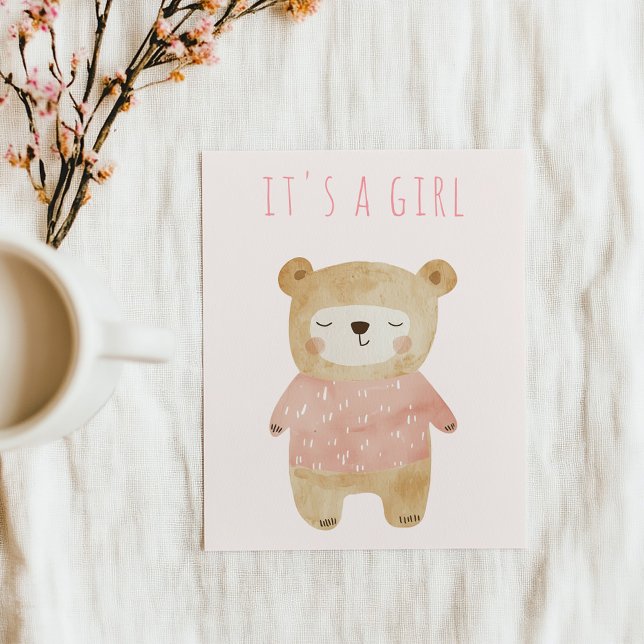 Convites É uma garota adormecida, Chá de fraldas rosa-rosa (Simple pink girl sleepy bear "It's a girl" baby shower invitation card.)