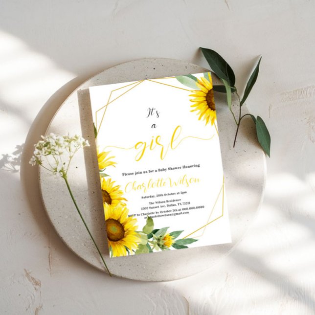 Convites É uma garota! Aquarela Chá de fraldas girassol (Criador carregado)