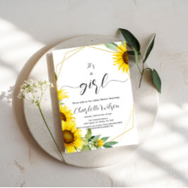 Convites É uma garota! Aquarela Chá de fraldas girassol