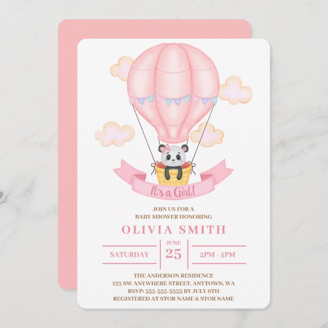 Convites É uma garota aquarela Panda no balão de ar quente (Frente/Verso)