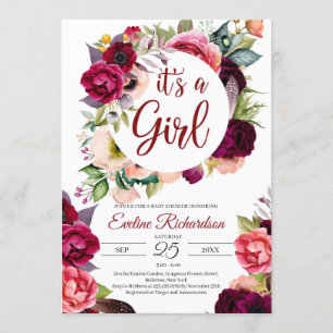 Convites É uma garota, blush burgundy e maroon floral.