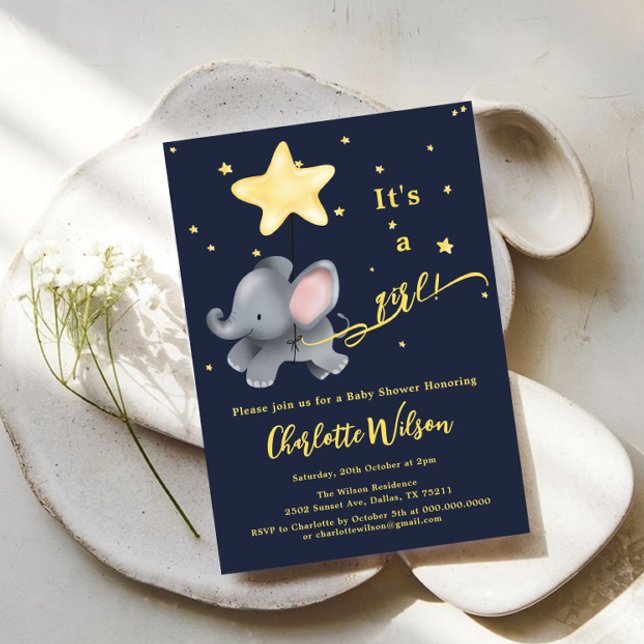 Convites É uma garota! Chá de fraldas de elefante e balão (Criador carregado)