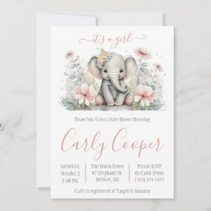 Convites É uma garota! Chá de fraldas de Elefante Floral