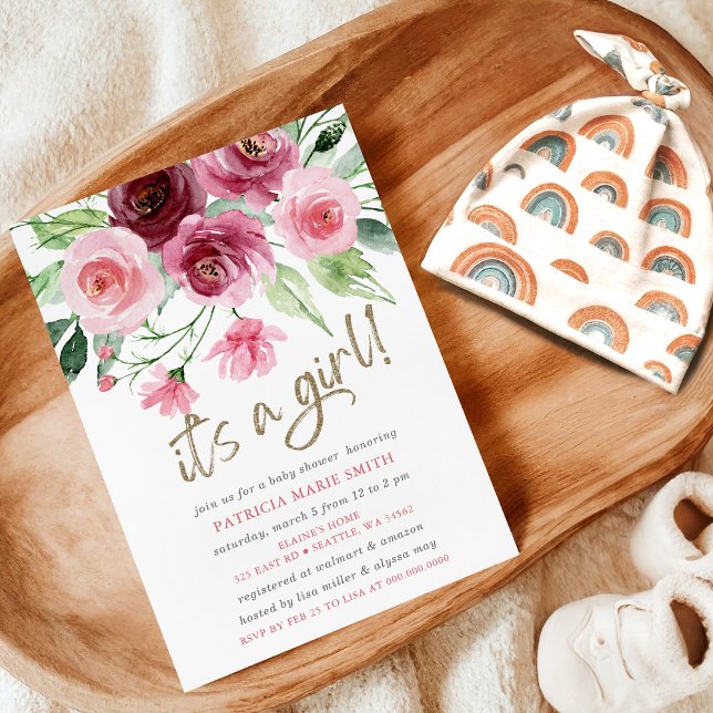 Convites É uma garota Chá de fraldas Floral Moderno Rosa Ro (Its a girl Modern Pink Burgundy Floral Baby Shower Invitation)