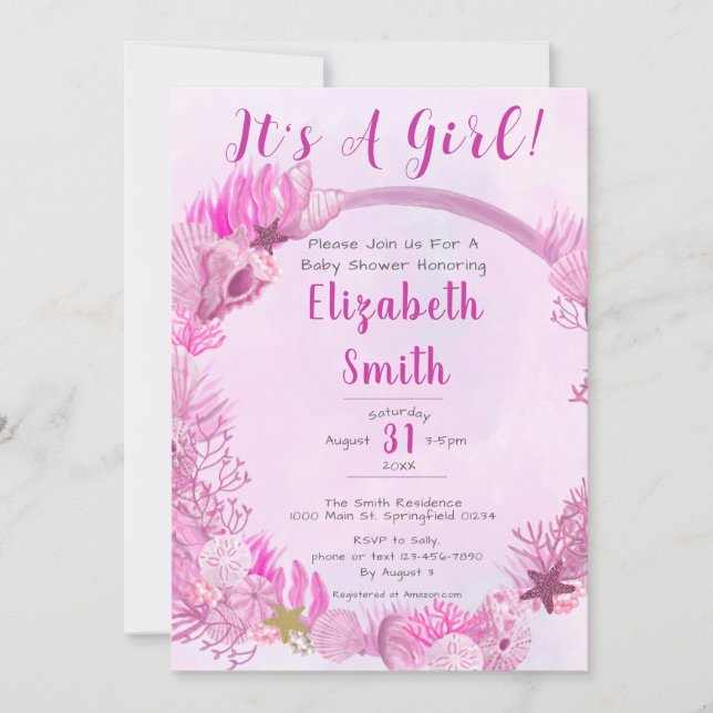 Convites É uma garota debaixo do Chá de fraldas rosa-do-mar (Frente)