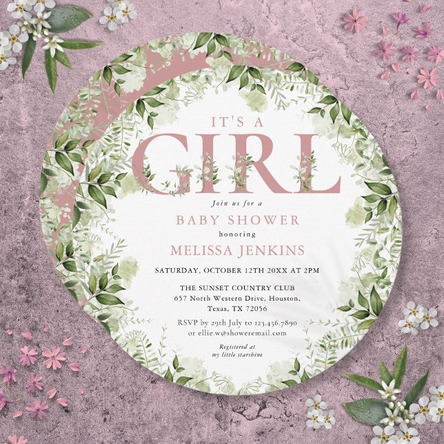 Convites É Uma Garota Greenerescente Rosa - Letra Chá de fr (Its A Girl Greenery Dusty Rose Letter Baby Shower Invitation)