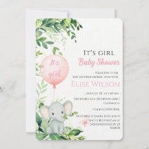 É uma garota! Pequeno elefante bonito com balão