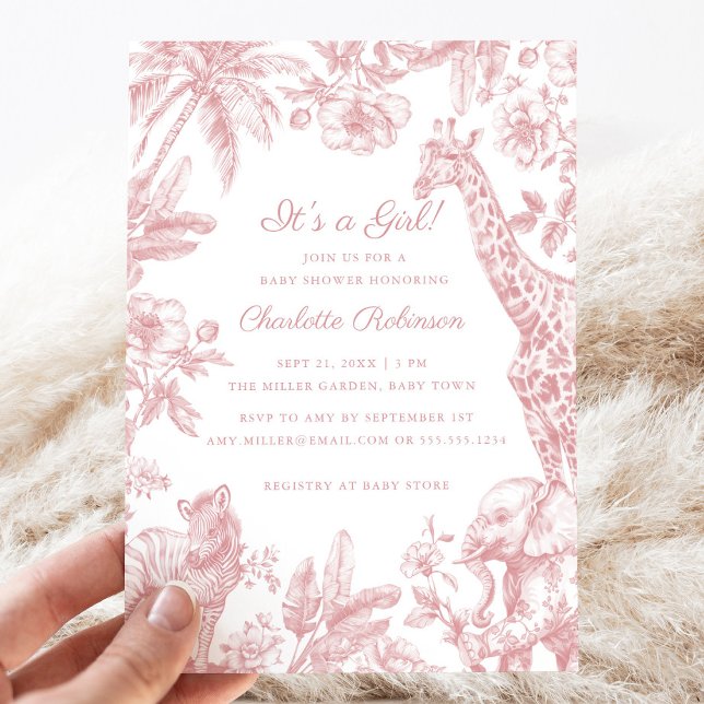 Convites É uma garota rosa Chá de fraldas Safari Toile (It's a Girl Pink Girl Baby Shower Safari Toile Invitation)
