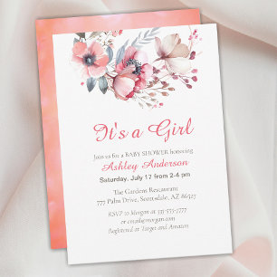 Convites É uma garota, texto, flores, Chá de fraldas