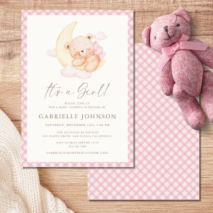 Convites É uma Lua Rosa de Urso Festa de Bebê Menina
